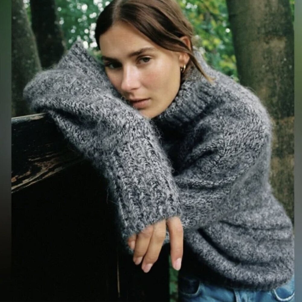 Zara Woman Wool Alpaca Blend Gray Pullover Turtleneck Knit Sweater Size M